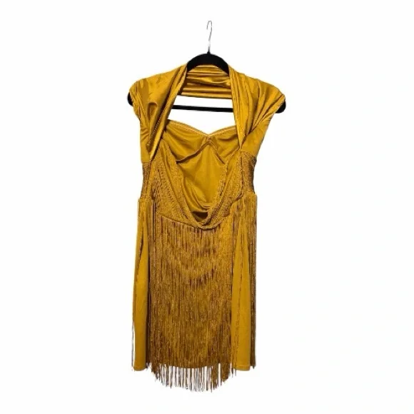 ASOS DESIGN Halter Draped Fringe Mini Dress in Chartreuse Gold - Picture 3 of 6
